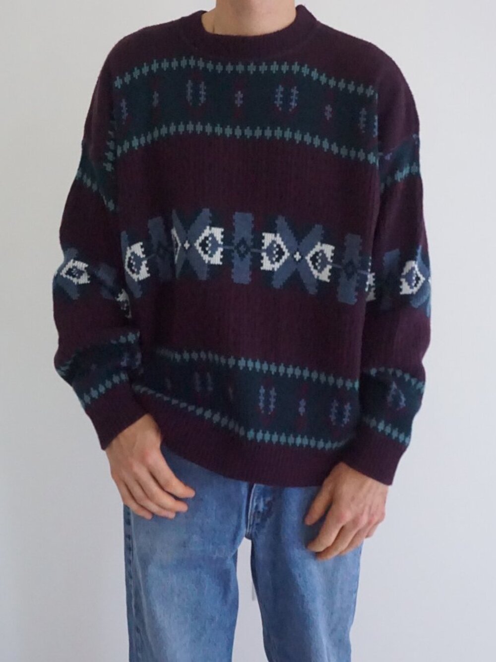 Tip Top Tailors Purple Teal Geometric Southwestern Aztec Longsleeve Sweater XL